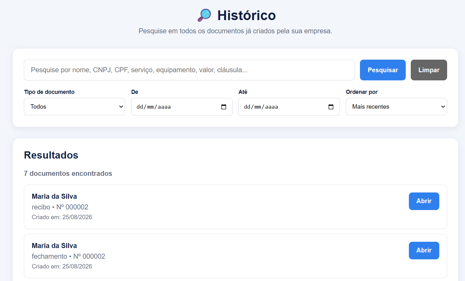 Tela real do histórico de documentos