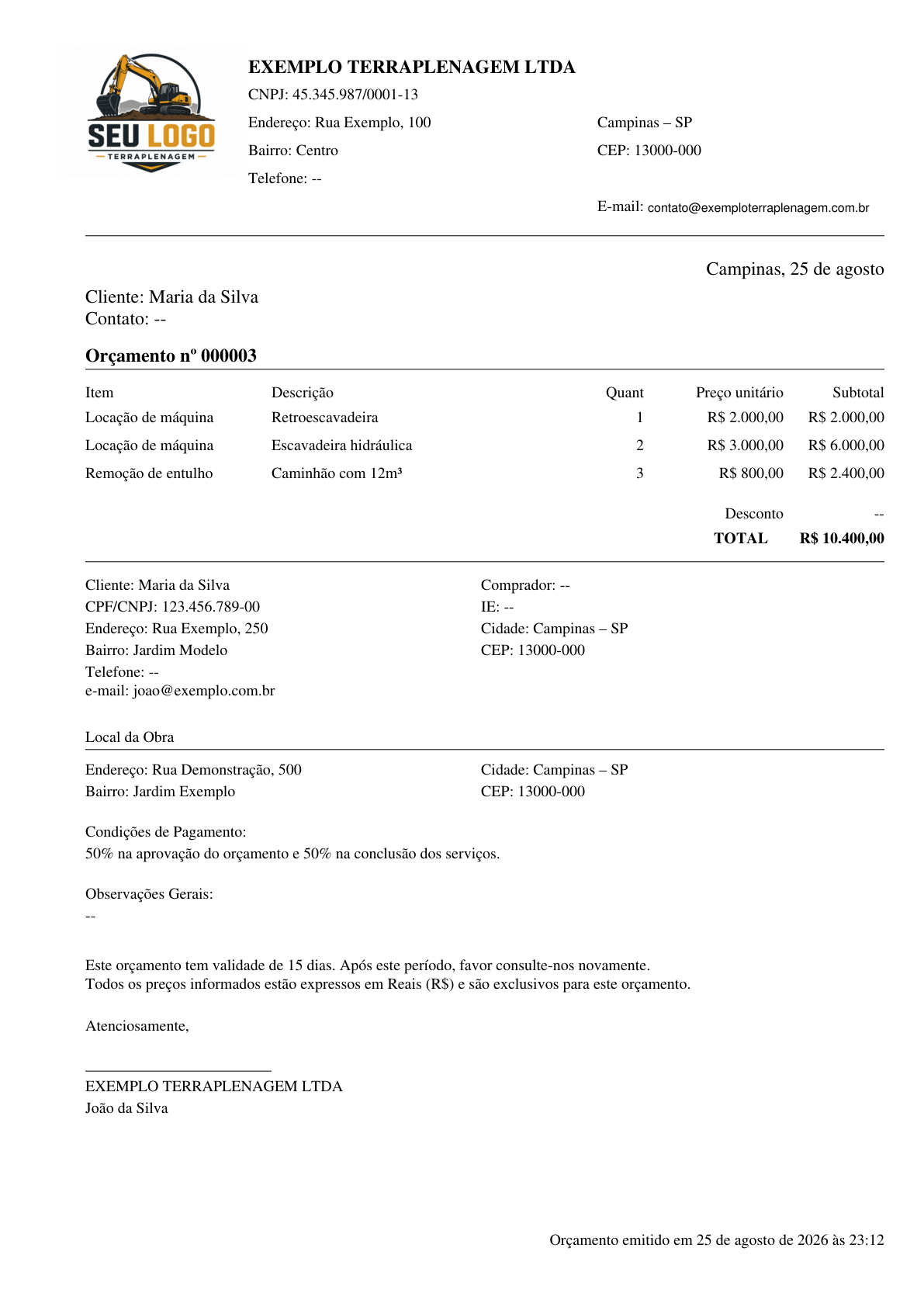 Exemplo de orçamento gerado pelo Sistema de Documentos