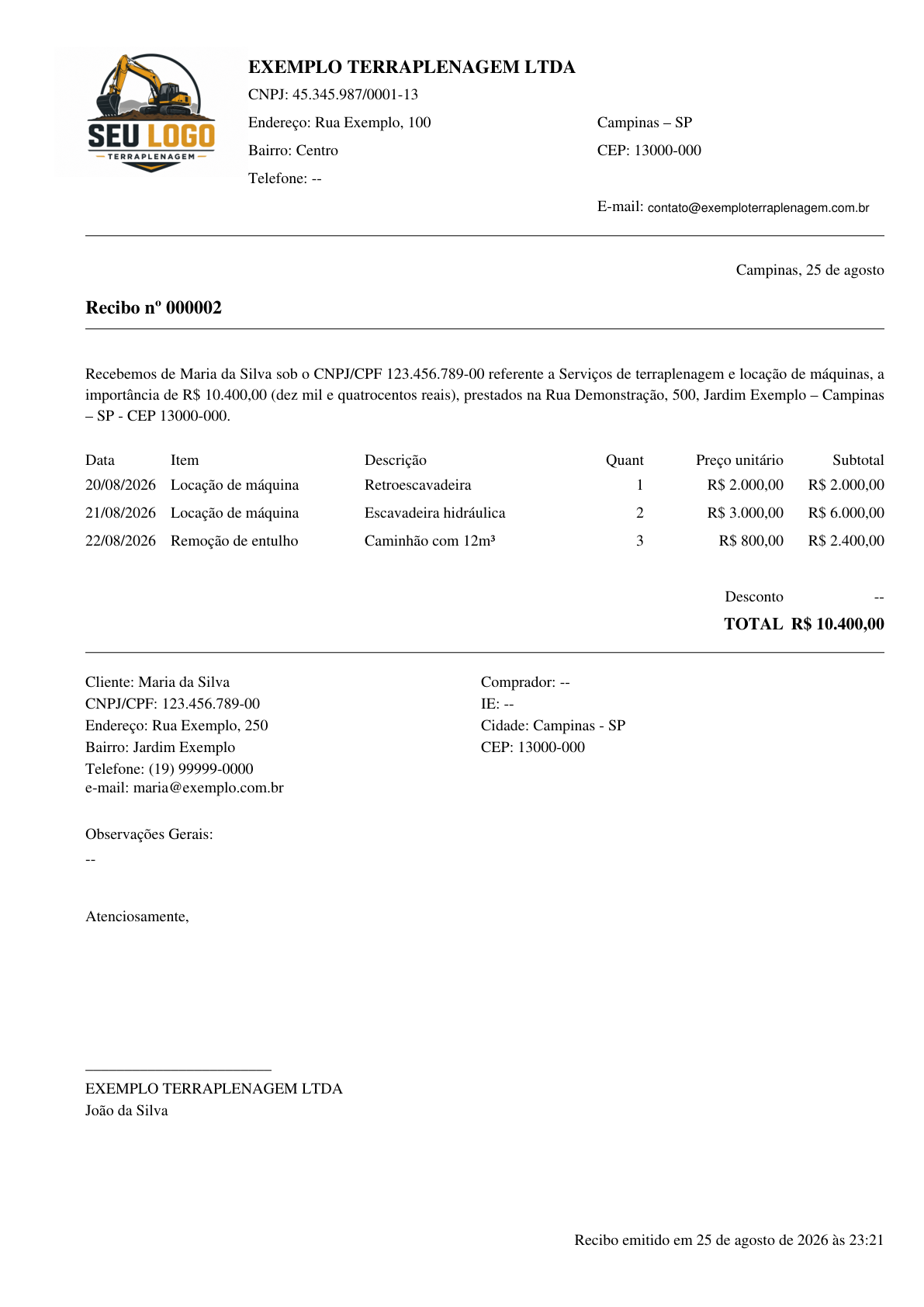 Exemplo de recibo gerado pelo Sistema de Documentos