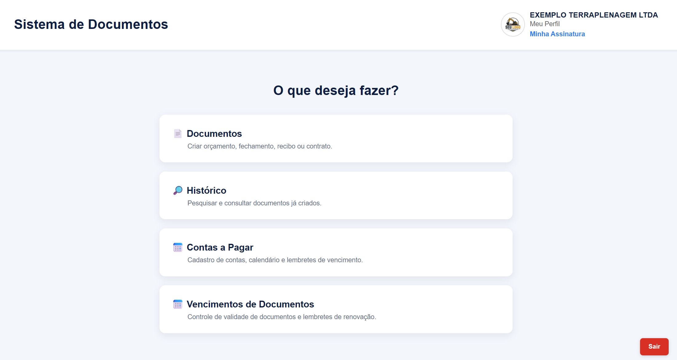 Tela inicial real do Sistema de Documentos