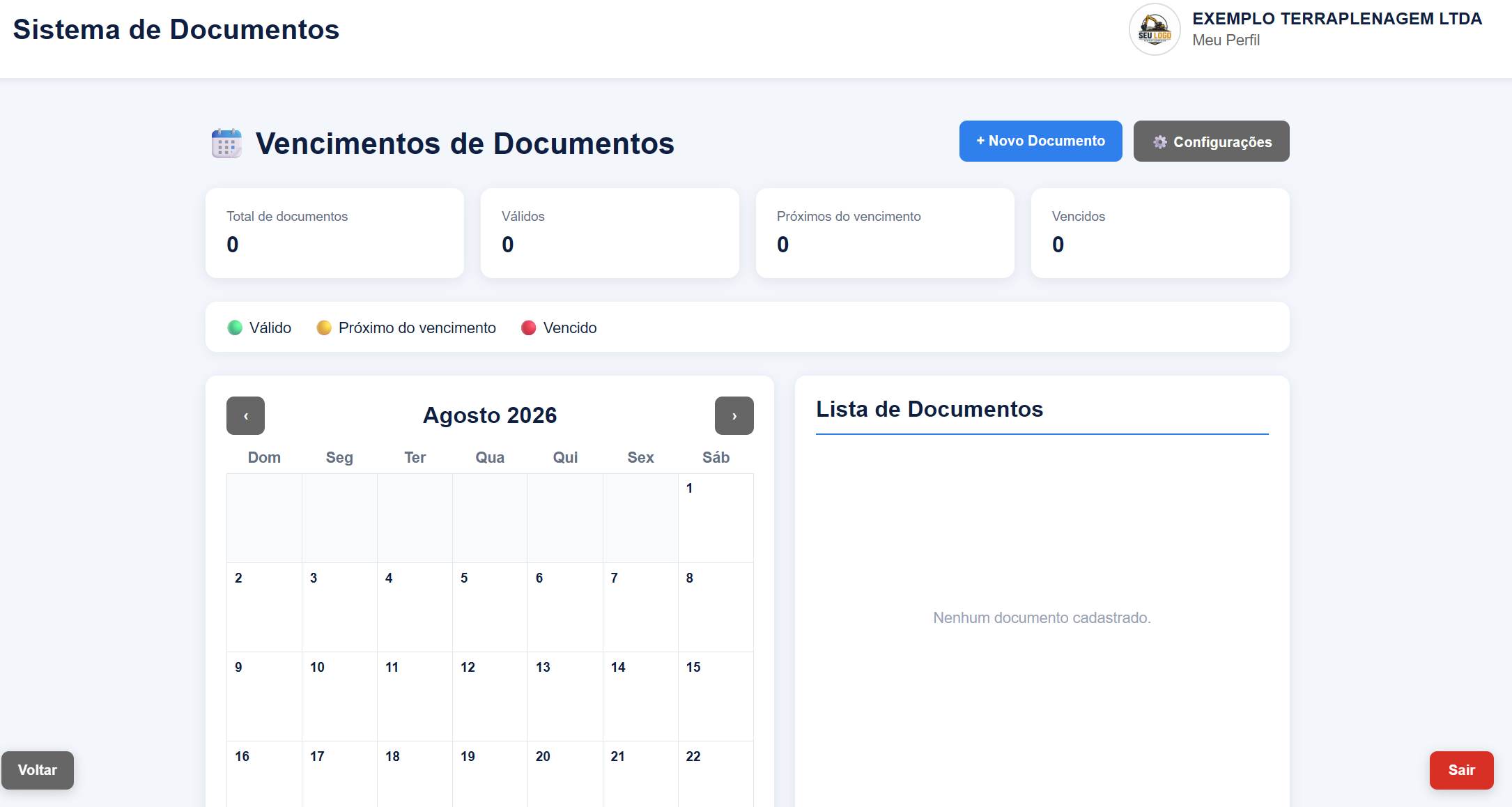 Tela real de vencimentos de documentos
